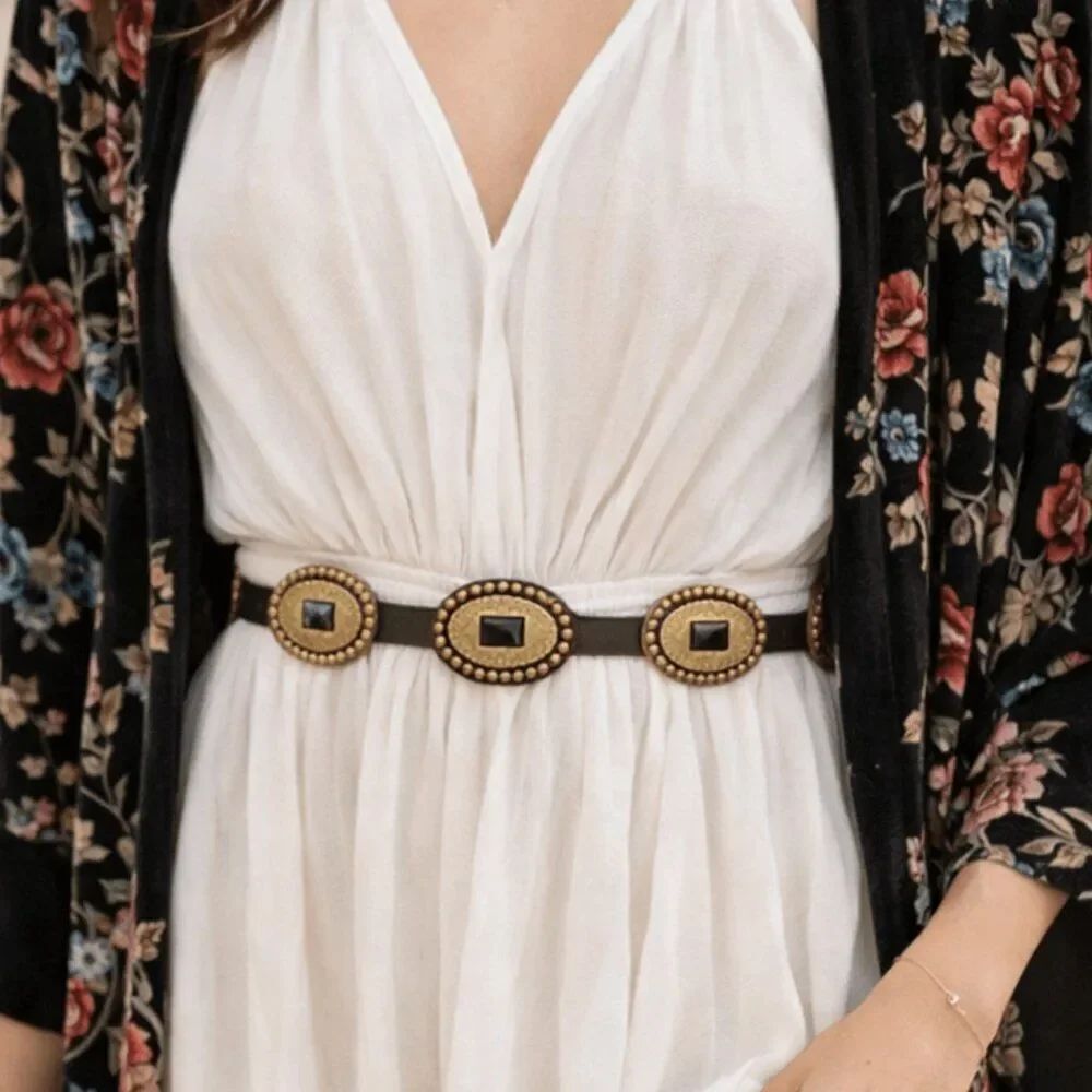 Gold Studded Concho Skinny Black Western Belt